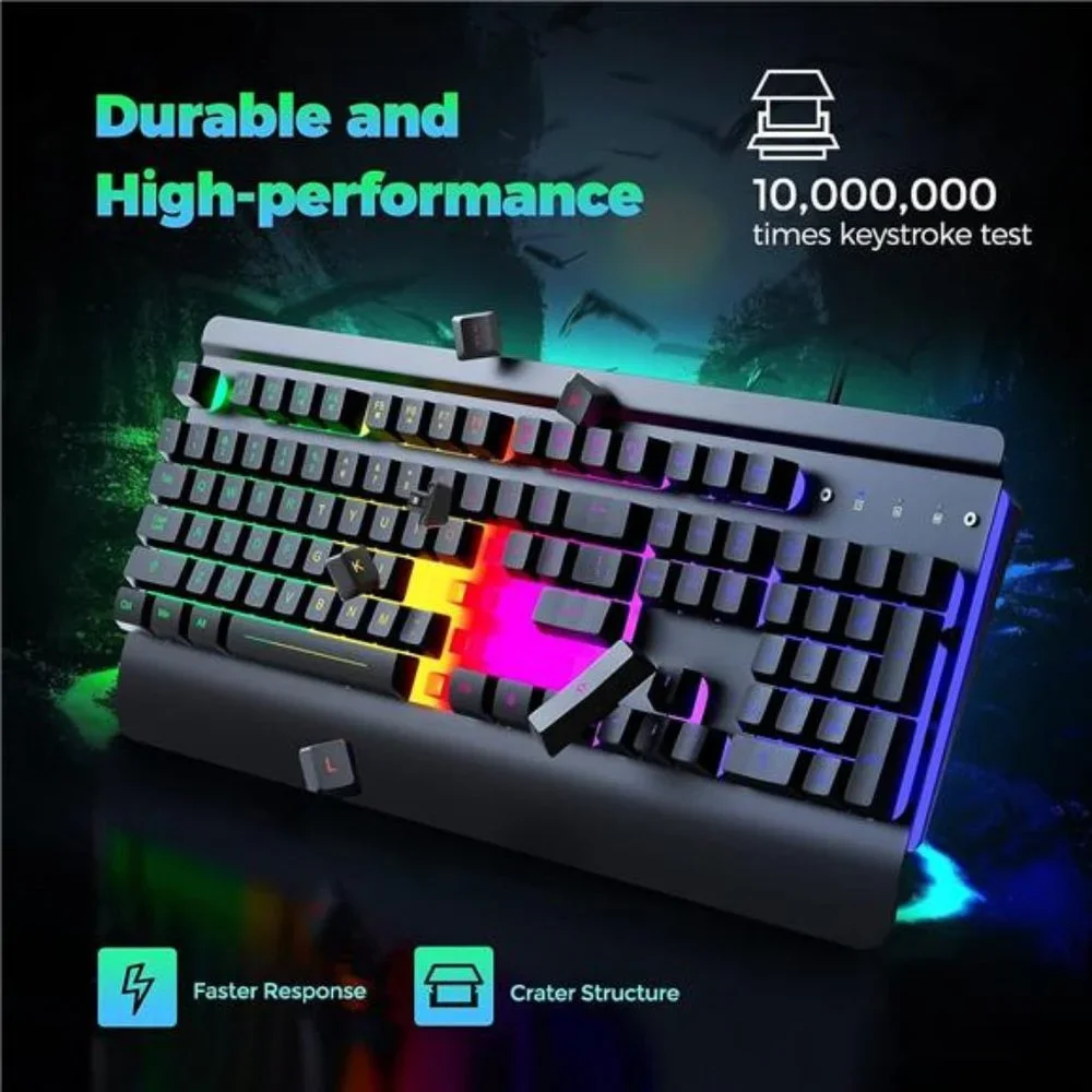 Gaming Keyboard, 104 Keys All-Metal Panel, Rainbow LED Backlit Quiet Keyboard